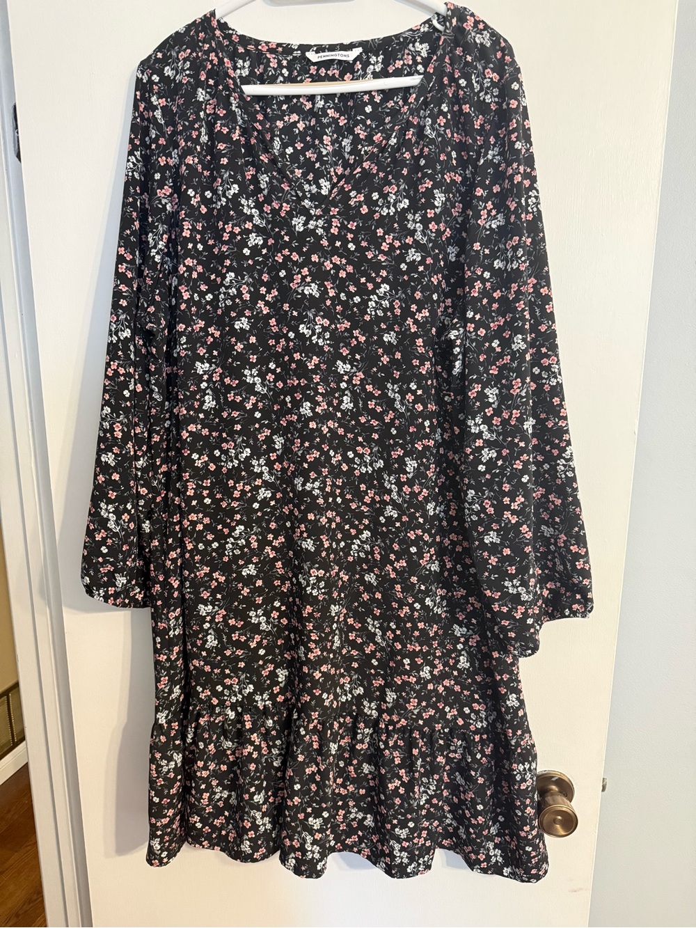 Penningtons Black Floral Casual Dress with Pink & White Blooms